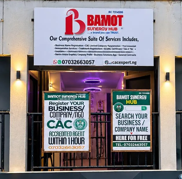 The BAMOT Synergy Hub office entrance with company signage, Iba, Ojo, Lagos